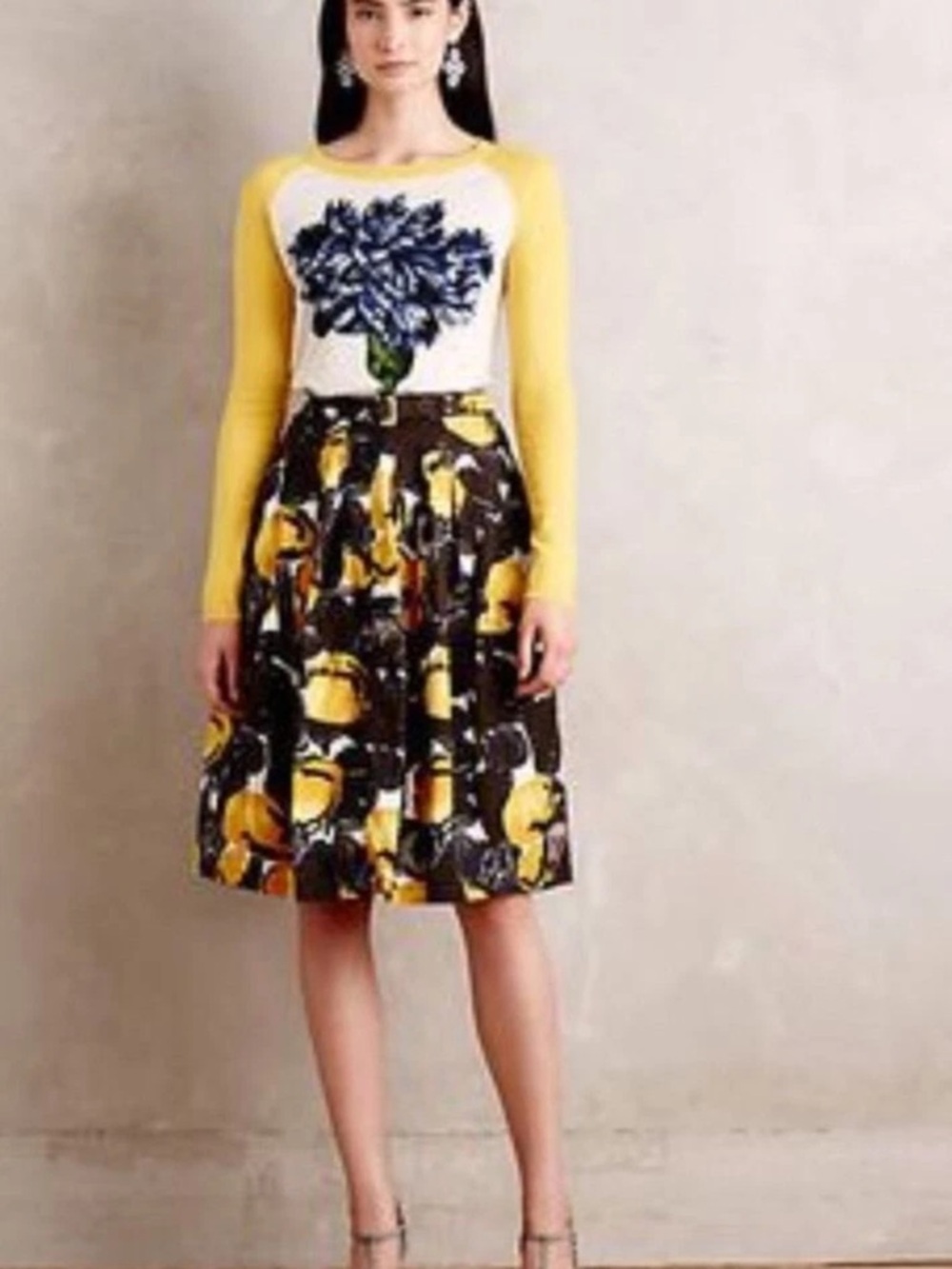 Anthropologie Samantha Sung Peony Briar Yellow and Black Floral Skirt Women’s 6